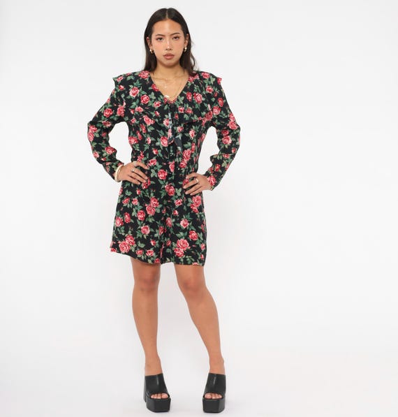 90s Rose Print Dress Black Floral Ruffle Collar Button Front Mini Long Sleeve Pink Green Romantic Prairie  V Neck Rampage Vintage Small S
