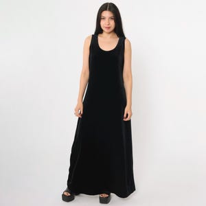 Vintage Black Velvet Dress 90s Going Out Maxi Dress Goth Velour Party Dress Sleeveless Shift Scoop Neck 1990s Gothic Large 14