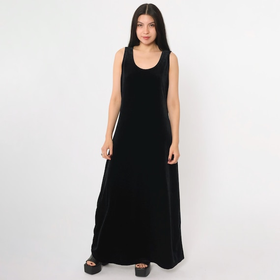 Vintage Black Velvet Dress 90s Going Out Maxi Dress Goth Velour Party Dress Sleeveless Shift Scoop Neck 1990s Gothic Large 14