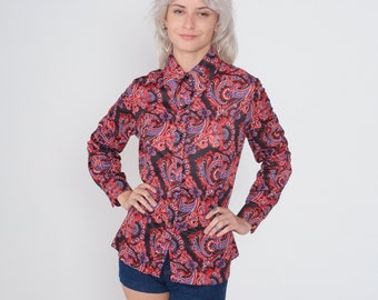 70s Disco Shirt Abstract Paisley Print Blouse Button up Top Long Sleeve Pointed Collar Retro Hippie Black Red Blue Vintage 1970s Medium M