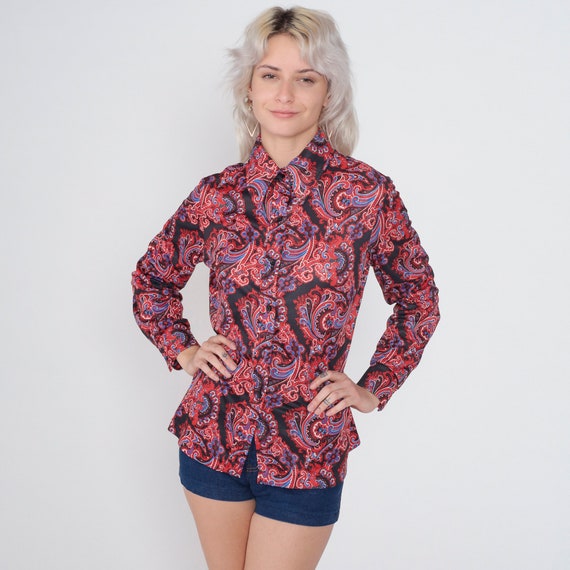 70s Disco Shirt Abstract Paisley Print Blouse Button up Top Long Sleeve Pointed Collar Retro Hippie Black Red Blue Vintage 1970s Medium M