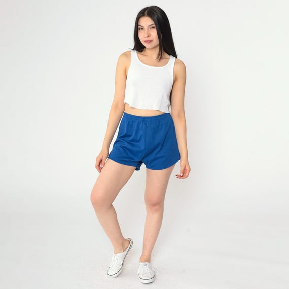 80s Gym Shorts Blue Jogging Shorts Running High Elastic Waist Retro Workout Vintage 1980s Jerzees Russell Medium Large