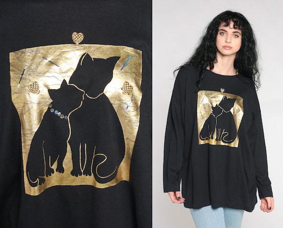 Metallic Cat Shirt Gold Mama Baby Kitten Tshirt Heart Applique Animal Top 90s Graphic Long sleeve 1990s Vintage Tee Black Extra Large xl