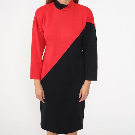 80s Color Block Dress Red Black Midi Long Sleeve Mock - Gem