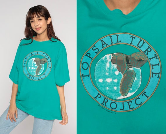 Topsail Turtle Project Shirt 90s Animal Rescue T-Shirt Marine Wildlife Conservation Graphic Tee North Caroline Teal Vintage 1990s XL 2XL XXL
