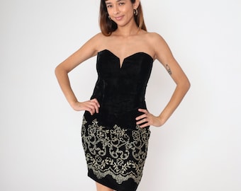 Vintage Black Velvet Dress 80s 90s Scott McClintock Strapless Mini Dress Party Gold Metallic Floral Sweetheart Neckline Vintage Medium