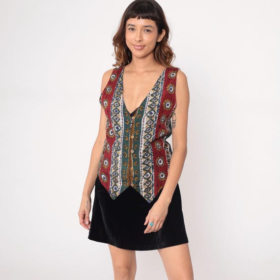 90s Beaded Vest Ethnic Stripe Deep V Neck Red Teal Gold Blue Tribal Print Waistcoat Geometric Southwestern Hippie Bohemian Vintage Small S