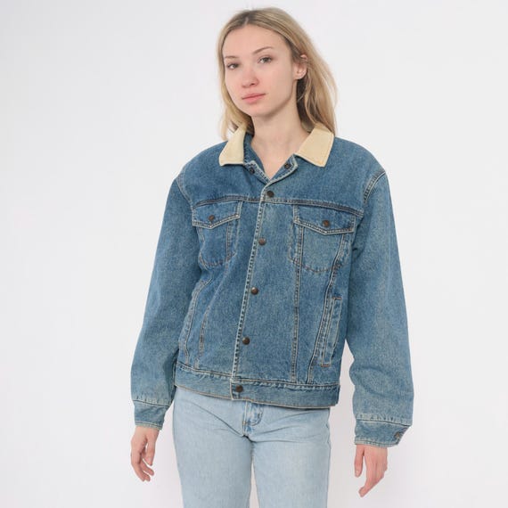 90s Denim Jacket Flannel Lined Corduroy Collar Button Front Grunge Vintage Blue Jean Jacket Oversized  Medium Wash Cotton Trucker Medium M