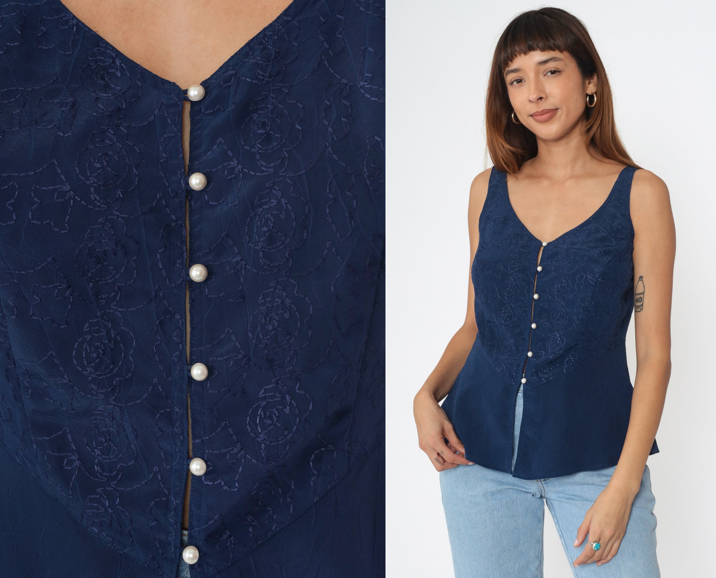 Victoria's Secret Tank Top 90s Floral Embroidered Shirt Navy Blue