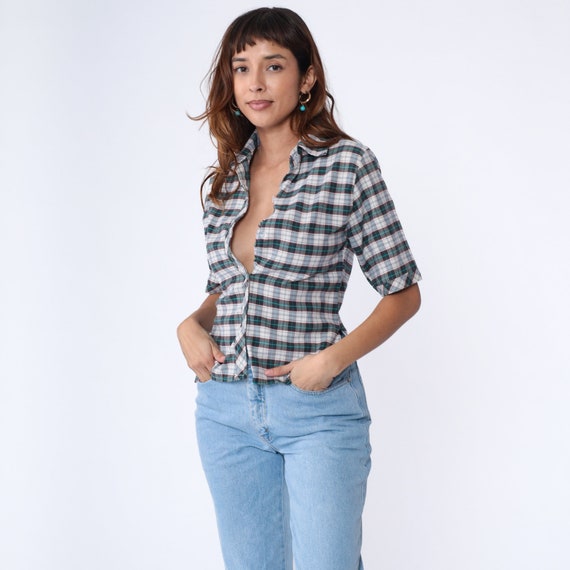 Plaid Button Up Blouse 90s Black White Shirt Short Sleeve Collared Top Checkered Preppy Casual Summer Vintage 1990s Extra Small xs