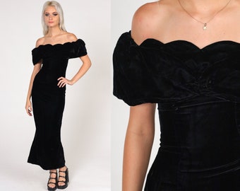 Black Velvet Dress 80s Party Off Shoulder Dress Maxi Cocktail Dress Satin Sheath Prom Wiggle Pencil 1980s Vintage Extra Small xs 0