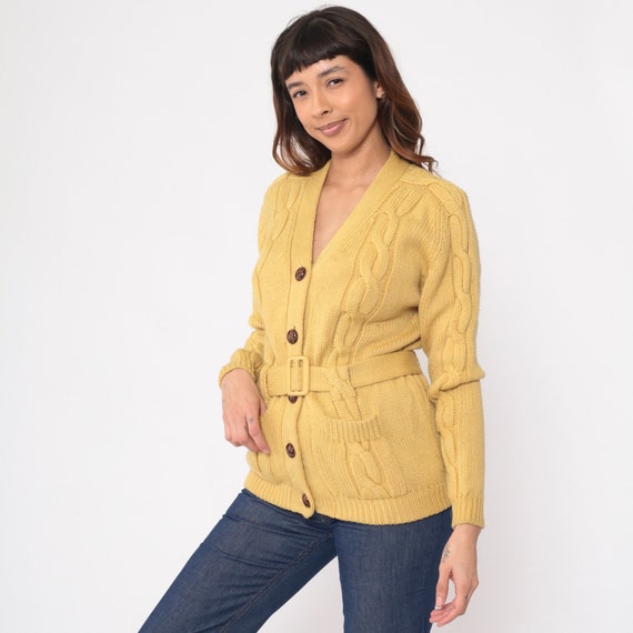 70s Cable Knit Cardigan Muted Mustard Yellow Belted Sweater Boho Hippie Button Up Grandpa V Neck 1970s Vintage Bohemian Cableknit Medium