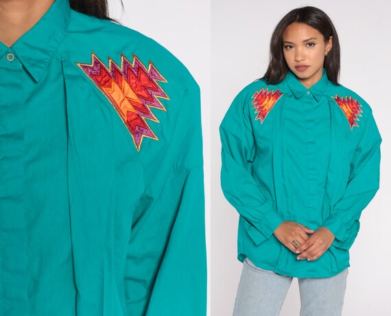 Southwest Shirt Turquoise Green WRANGLER Shirt Button Up Southwestern Shirt 90s AZTEC Geometric Western 1990s Vintage Long Sleeve Large L