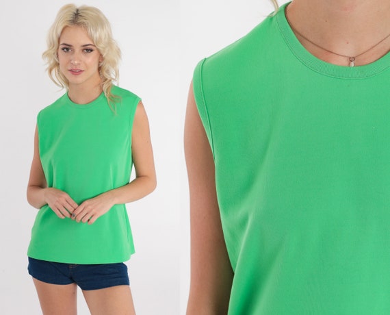 70s Tank Top Bright Green Shirt Plain Mod Sleeveless Top Retro Shirt 1970s Hipster Boho Seventies Vintage Simple Basic Polyester Medium
