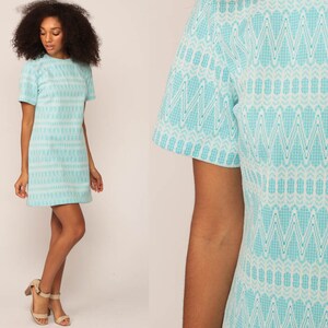 60s Mini Dress Mod Shift Striped Zig Zag 1960s Twiggy Vintage Short Sleeve Sixties Minidress Blue Large