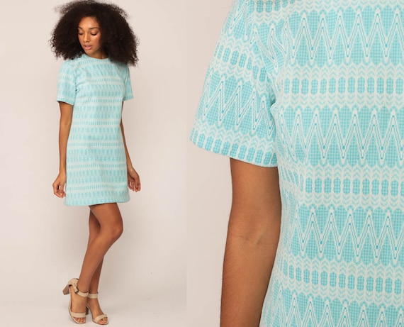 60s Mini Dress Mod Shift Striped Zig Zag 1960s Twiggy Vintage Short Sleeve Sixties Minidress Blue Large