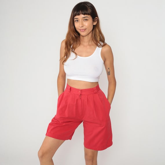 90s Red Shorts High Waisted Pleated Zipper Closure Elastic Hem Vintage Summer Casual Tailored Coral Pink Above Knee Cuffed Relaxed Small S