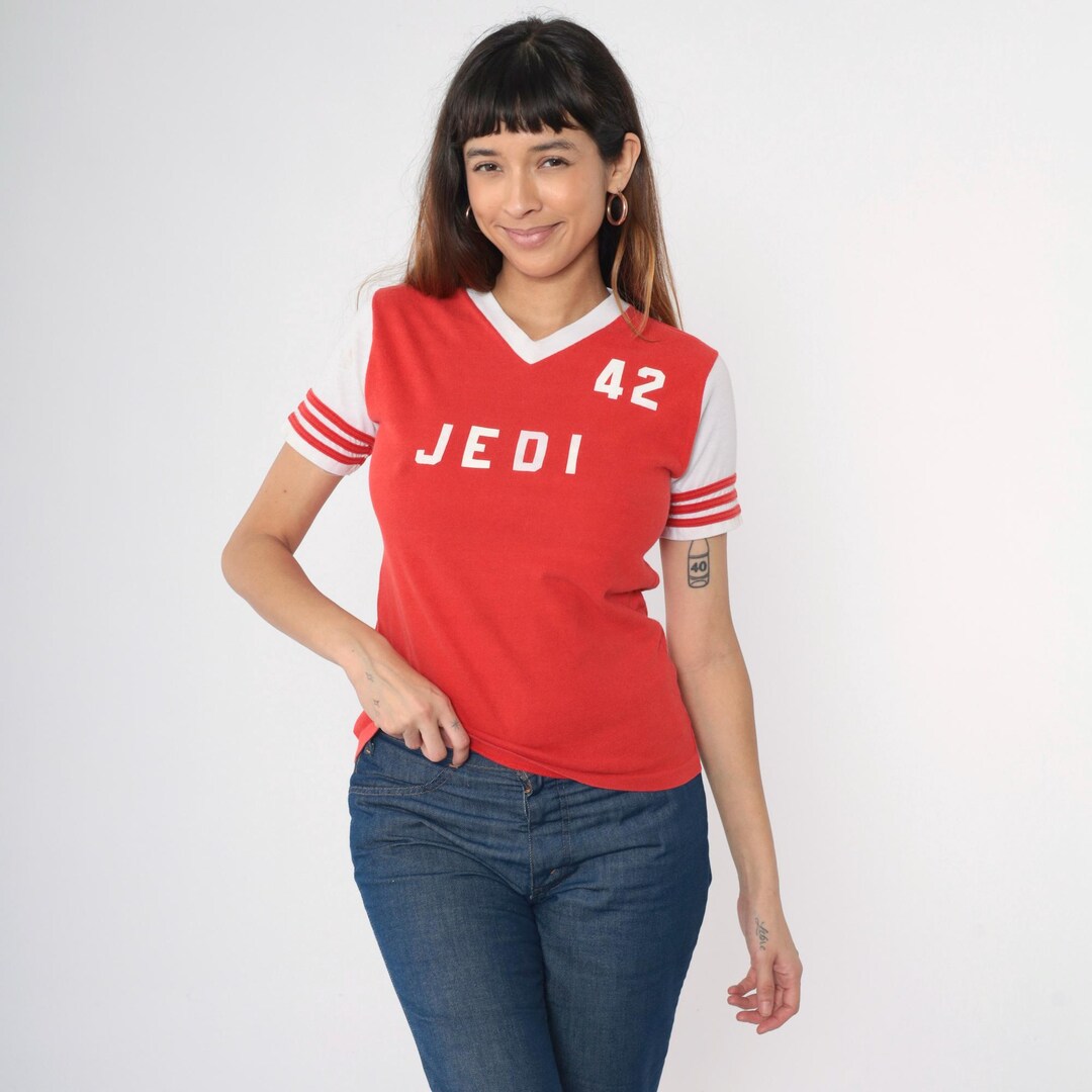 【SATIIIZ】Jedi Lettering Ringer T-Shirt Vintage 80s Red Ringer Tee Shirt Jedi Graphic T-shirt V-neck