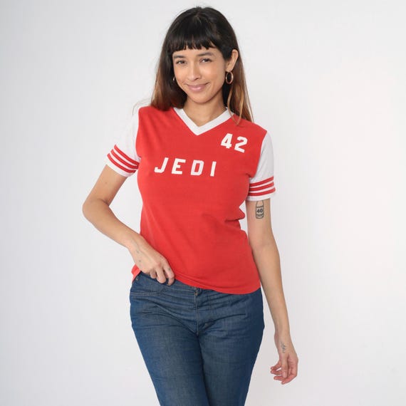 Vintage 80s Red Ringer Tee Shirt Jedi Graphic T-Shirt V-Neck #42 Striped Short Sleeve Retro Varsity Sports Style 1980s Single Stitch Small S
