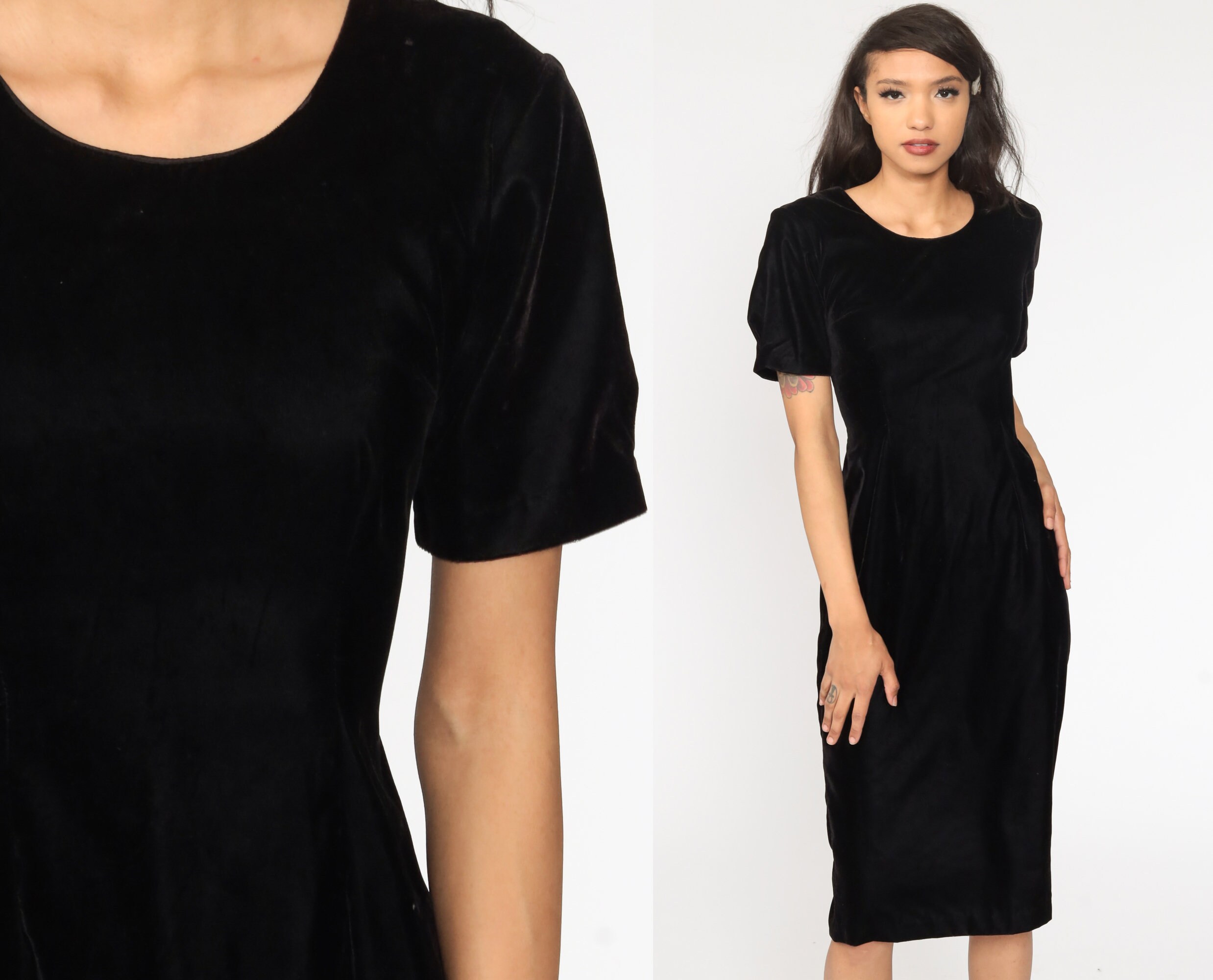 Black Velvet Dress 90s Midi Length Lace 
