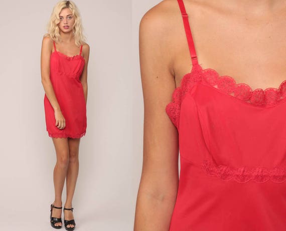 Red Slip Dress 70s Lingerie Nightgown Lace Mini Floral 1970s Vintage Nylon Boho Empire Waist Bohemian Small