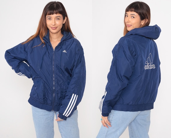 80s Adidas Windbreaker Navy Hooded Track Jacket Full Zip Three Stripe Athletic Sportswear Vintage Cropped Hood Royal Blue Small S