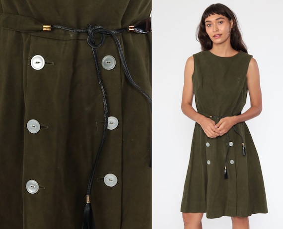 60s Mini Dress Faux Suede Mod Olive Green Dress 1960s Gogo High Waist Vintage Sixties Twiggy 70s Button Up Sleeveless MiniDress Small