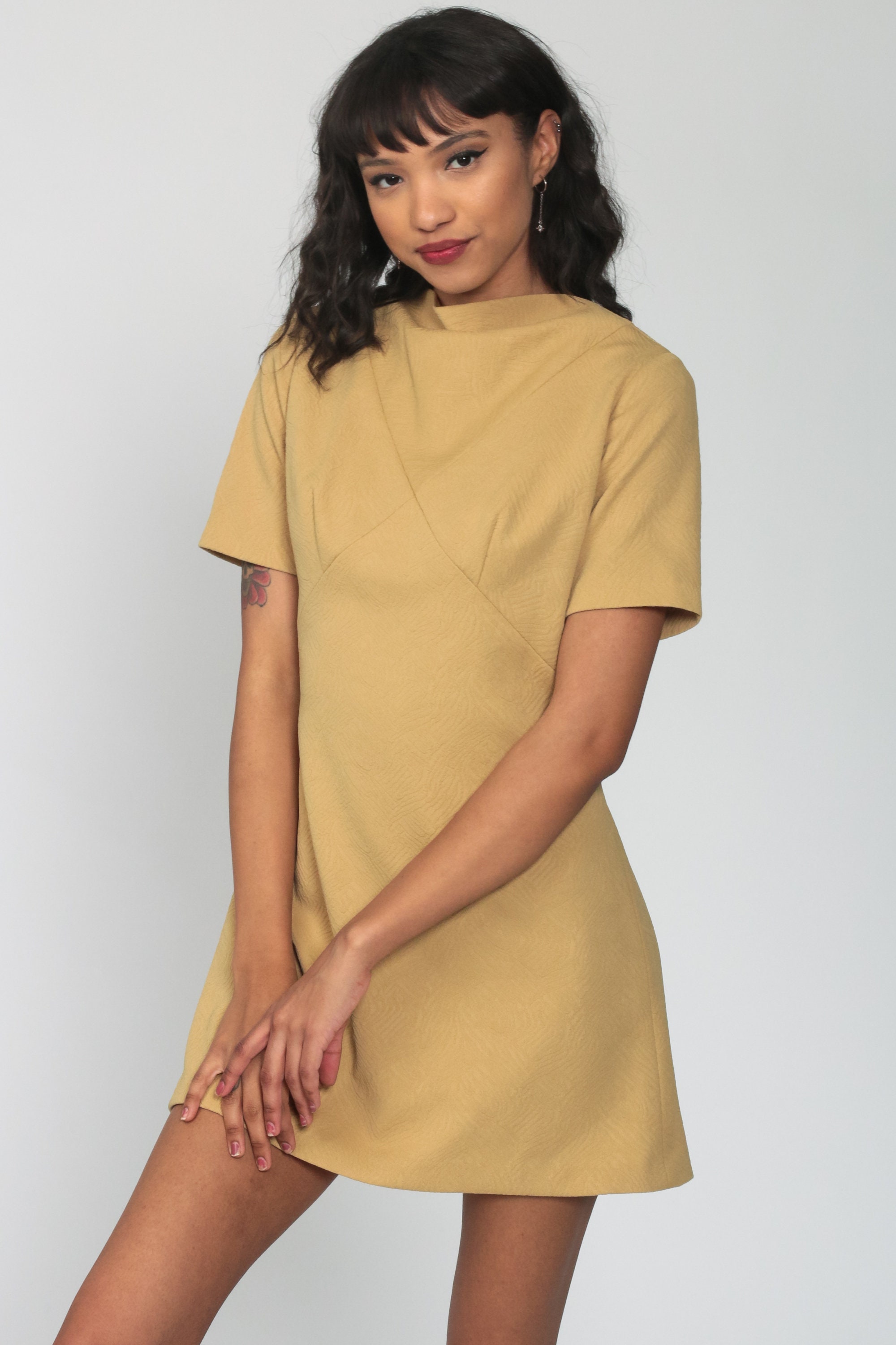 tan shift dress