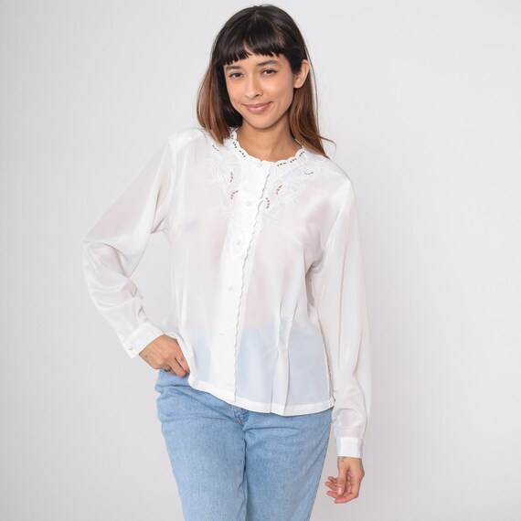 White Cutwork Blouse 90s Embroidered Leaf Button Up Shirt Cutout Scalloped Top Semi-Sheer Long Sleeve Button Up Vintage 1990s Medium 10