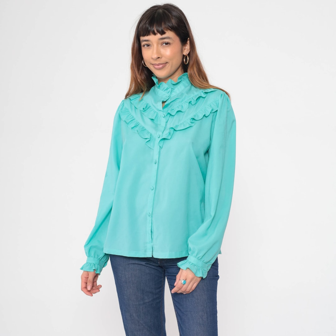 Turquoise Ruffled Blouse 70s Puff Sleeve Shirt Button up Blouse High ...