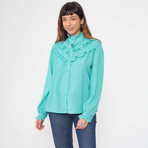 Turquoise Ruffled Blouse 70s Puff Sleeve Shirt Bu… - image 4