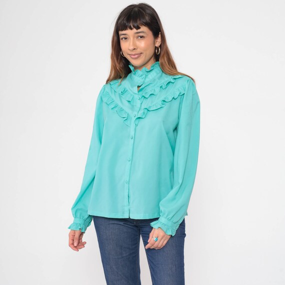 Turquoise Ruffled Blouse 70s Puff Sleeve Shirt Button Up Blouse High Neck Hippie Top Boho 1970s Vintage Tuxedo Long Sleeve Top Medium