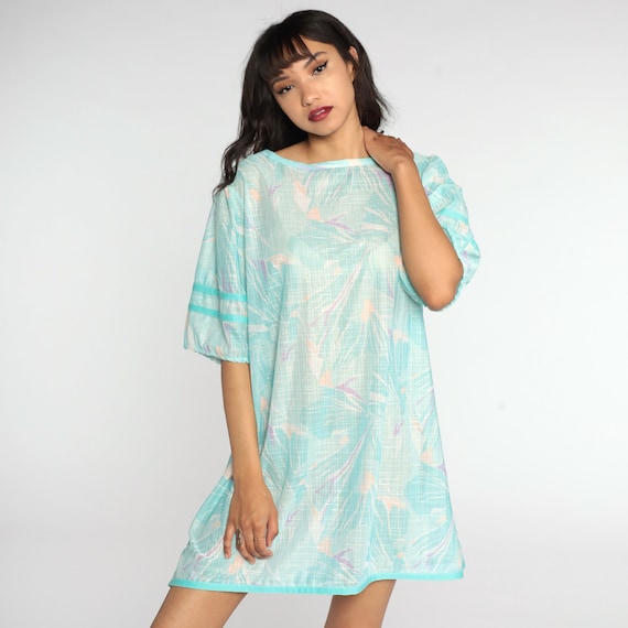 Blue Mini Dress Abstract Tropical Print 70s 80s Aqua Mini Dress Semi-Sheer Short Sleeve Dress 1970s Retro Dress Vintage Shift Extra Large xl