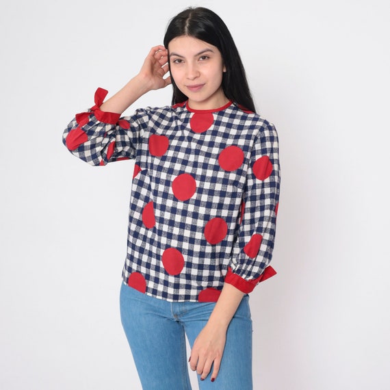60s Mod Blouse Gingham Polka Dot Shirt Long Puff Sleeve Top Blue White Checkered Print Red Bow Tie Cuffs Sixties Cotton Vintage 1960s Small