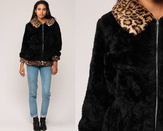 Black Faux Fur Jacket LEOPARD Fake Fur Coat Vegan Winter Vintage 90s Animal Print Bohemian Furry Glam Fuzzy Jacket 1990s Hipster Boho small