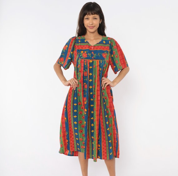 90s Floral Striped Dress V Neck Cotton Empire Waist Puff Sleeve Red Blue Green Plaid Checkered Flower Garden Prairie Cottagecore Medium M