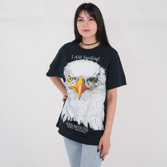Funny Eagle Shirt Y2K Bird Joke T-shirt Alaska Raptor Center TShirt I Am Smiling Graphic Tee Stika Ketchikan Black Vintage 00s Medium M