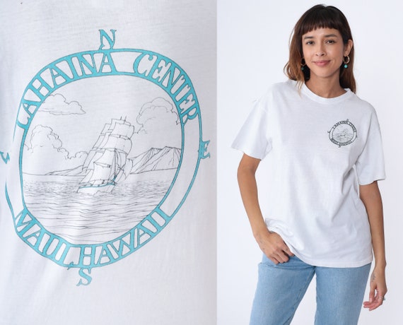 Lahaina Center Shirt 90s Hawaii T-Shirt Wooden Ship Boat Compass Graphic Tee Hawaiian Tourist Souvenir Single Stitch Vintage 1990s Medium M