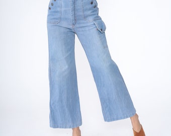 70s Bell Bottom Jeans Blue Denim Pants Nautical Wide Leg High Waisted Rise Bellbottoms Retro Hippie Flares Flared Vintage 1970s Medium 8