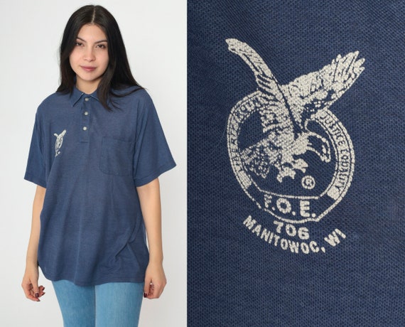 FOE Polo Shirt 80s Fraternal Order of Eagles Button Up Manitowoc Wisconsin Short Sleeve Collared Retro Pocket Vintage 1980s Men's Medium M