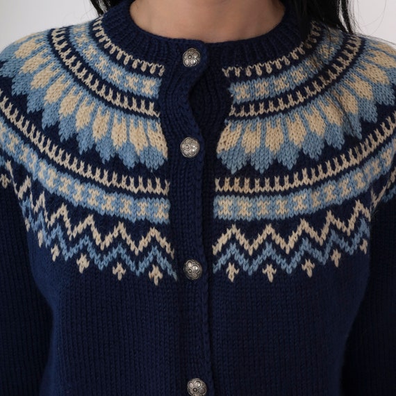 70s Wool Cardigan Navy Blue Icelandic Sweater But… - image 4