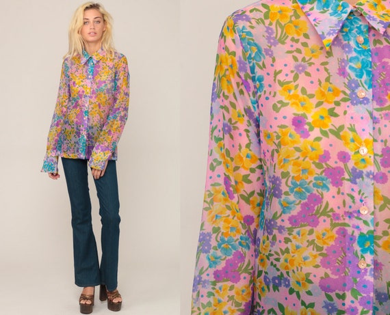Sheer Floral Blouse Button Up Shirt 70s Boho Top Bohemian Long Sleeve Vintage Disco Hippie Romantic Purple Pink Blue Medium Large