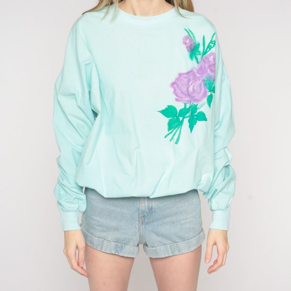 Rose Sweatshirt 80s Mint Blue Floral Sweatshirt A… - image 7
