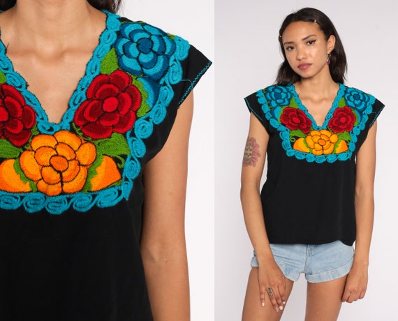Mexican EMBROIDERED Blouse Black Rose Shirt Hippie Top Floral Shirt Blue Boho Shirt FESTIVAL Tunic Bohemian Vintage Retro Cap Sleeve Small