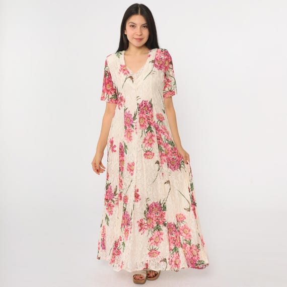 Vintage Ivory Floral Lace Dress 90s Nostalgia Maxi Pink Grunge Dress V Neck Bohemian Party Short Sleeve Drape 1990s Indian Small S
