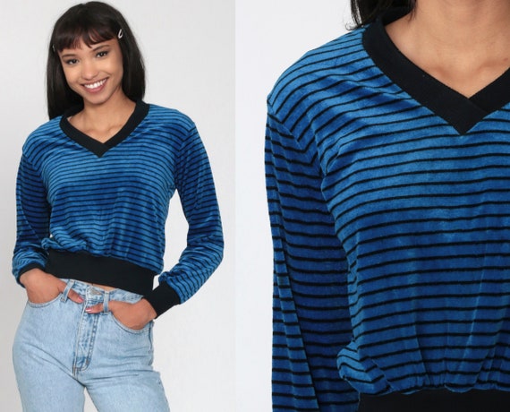 Blue Velour Sweatshirt V Neck Sweatshirt 80s Royal