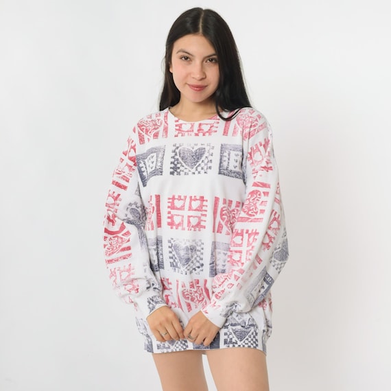 90s Heart Sweatshirt Stamp Block Print Crewneck White Red Blue Retro Pullover Kawaii 1980s Vintage Jumper Extra Large xl