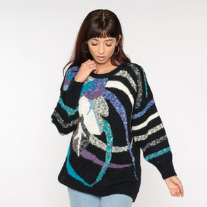 80s Statement Sweater Black Striped Abstract Multicolor Leaf Print 1980s Knit Jumper Pullover Psychedelic Sweater Vintage Knitwear Large L