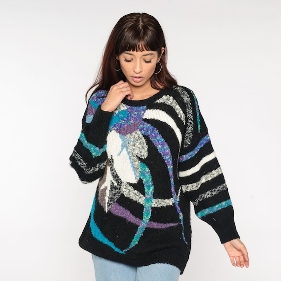 80s Statement Sweater Black Striped Abstract Multicolor Leaf Print 1980s Knit Jumper Pullover Psychedelic Sweater Vintage Knitwear Large L