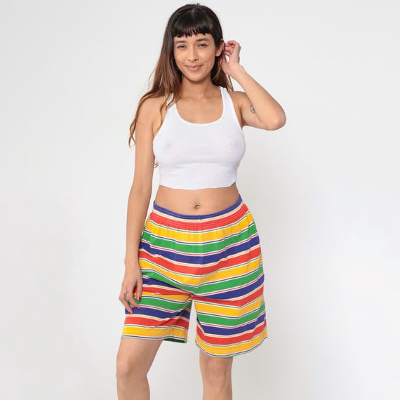 Vintage 90s Striped Shorts 80s Rainbow Lounge Shorts Red Yellow Blue Shorts Baggy Shorts Cotton Summer High Elastic Waist 1990s Large L